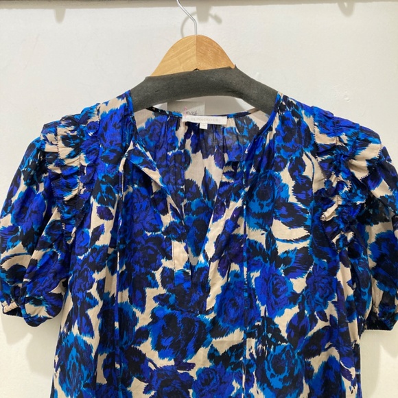 Olivaceous - Short Poof Sleeve Floral Top Sz S, M, Blue Tan Girly Offi… - Picture 5 of 14